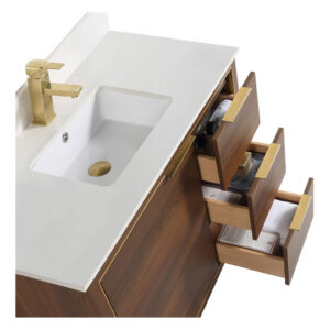The Opulence 36 inch Modern Bathroom Vanity features a sleek white countertop with built-in sink, brass faucet, and three open wood drawers with gold handles—ideal for storing towels and bathroom essentials.