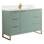 The Opulence 48 inch Modern Bathroom Vanity has a light green finish, gold handles and legs, white countertop, rectangular sink, gold faucet, six drawers, and two central cabinet doors for a stylish and functional bathroom upgrade.