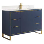 Experience luxury with the Opulence 48 inch Modern Bathroom Vanity, featuring a navy blue finish, gold handles and trim, six drawers, two doors, a white countertop with integrated sink, and an elegant gold faucet.