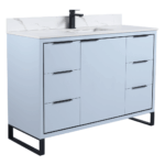 The Opulence 48 inch Modern Bathroom Vanity features a light blue cabinet, six drawers, two doors with black handles, metal legs, white countertop with built-in sink, and black faucet—all set against a clean white background.