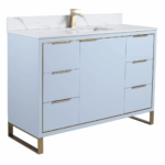 The Opulence 48 inch Modern Bathroom Vanity features a light blue finish, gold handles and legs, white countertop with integrated sink, marble backsplash, and offers ample storage with multiple drawers and cabinet doors.