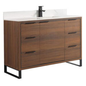 The Opulence 48 inch Modern Bathroom Vanity With Sink features a contemporary wooden design, six drawers, black metal handles and legs, a white countertop with integrated sink, and a matte black faucet.