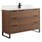 The Opulence 48 inch Modern Bathroom Vanity With Sink features a contemporary wooden design, six drawers, black metal handles and legs, a white countertop with integrated sink, and a matte black faucet.