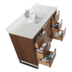 The Opulence 48 inch Modern Bathroom Vanity With Sink features a white countertop and sink, sleek faucet, and six wooden drawers—partially open to display organized toiletries—bringing stylish functionality to your bathroom.