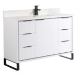 The Opulence 48 inch Modern Bathroom Vanity features six drawers, two center cabinet doors, a rectangular sink basin, black hardware and faucet, metal legs, marble backsplash, and a glossy white minimalist finish.