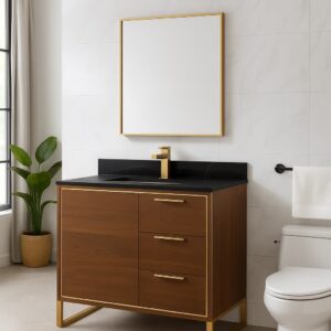 Modern bathroom featuring the Opulence 36 inch Modern Bathroom Vanity with gold hardware, black countertop, matching gold faucet, and a square mirror with gold frame. White tiled walls and greenery complete the look.