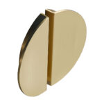 Two semi-circular, flat, gold-colored metal pieces stand upright with a slim gap between them, creating a silhouette similar to the graceful lines of the Venezian 24 inch Bathroom Vanity With Sink.