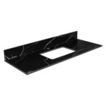 The Opulence 48 inch Modern Bathroom Vanity With Sink features black marble with white veining, a raised backsplash, and a sink cutout for elegance and functionality.