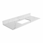 The Opulence 48 inch Modern Bathroom Vanity With Sink offers a white marble top with grey veining, a rectangular sink cutout, and a raised backsplash for a smooth, refined look.