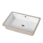 A rectangular white ceramic sink with a single faucet hole and central drain, featured in the Opulence 48 inch Modern Bathroom Vanity With Sink, is shown from an angle against a plain white background.