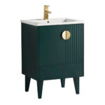 The Venezian 24 inch Bathroom Vanity With Sink has a modern dark green cabinet, four angled legs, a white sink, a gold faucet, and a round gold handle on the vertically grooved door.