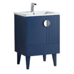 The Venezian 24 inch Bathroom Vanity With Sink has a modern navy blue finish, white sink, chrome faucet, angled legs, and a single cabinet door with a round silver handle and vertical grooves.