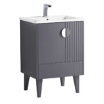 The Venezian 24 inch Bathroom Vanity With Sink features a modern gray finish, tapered legs, a white rectangular sink, a silver faucet, and a single cabinet door with a circular metal handle and vertical grooves.