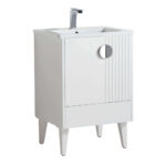 The Venezian 24 inch Bathroom Vanity With Sink has a modern white design, rectangular sink, chrome faucet, single door with round handle, vertical grooves on one side, and tapered legs.