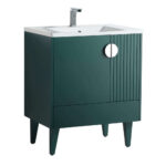 The Venezian 30 inch Bathroom Vanity With Sink in modern dark green features four tapered legs, a white rectangular sink, a silver faucet, a round silver cabinet handle, and grooved detailing on one side.