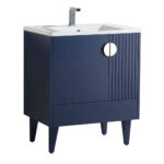The Venezian 30 inch Bathroom Vanity With Sink is a modern navy blue vanity featuring a white sink, single faucet, four legs, a circular cutout handle, and vertical grooves on one side of the door for added style.