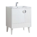 The Venezian 30 inch Bathroom Vanity With Sink has a modern white finish, rectangular sink, single lever faucet, tapered legs, a cabinet with a round silver handle, and vertical grooved detailing on one door.
