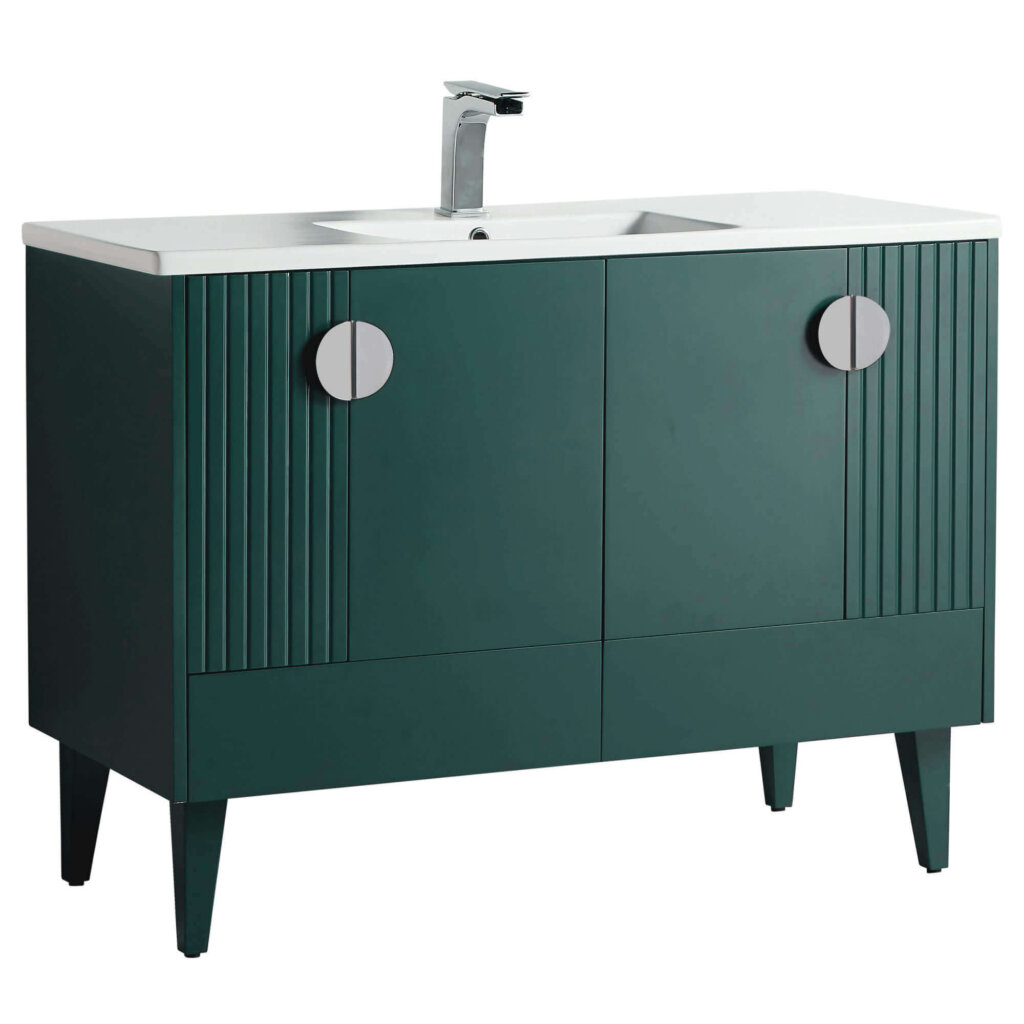 The Venezian 48 inch Bathroom Vanity showcases a modern green look with tapered legs, ribbed doors, two large round silver handles, and a white countertop featuring a rectangular sink and sleek chrome faucet.