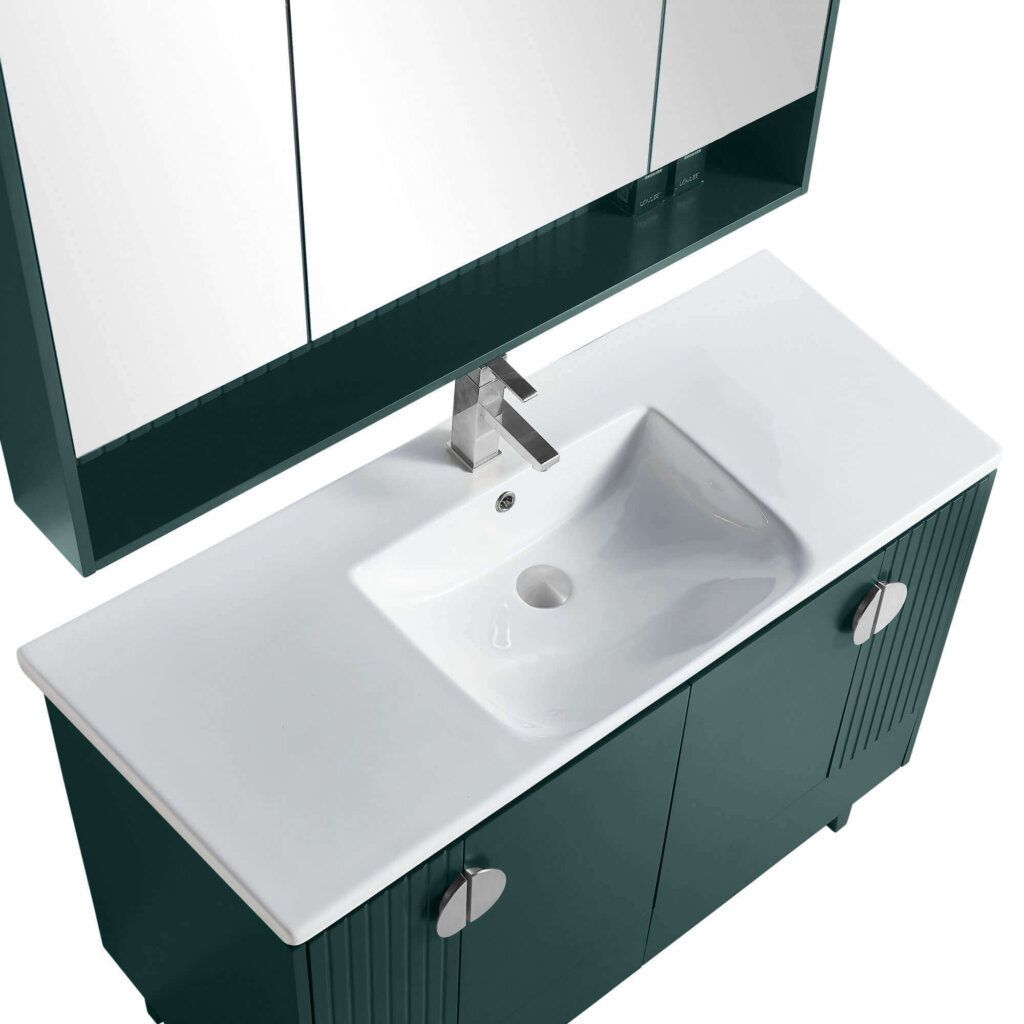 The Venezian 48 inch Bathroom Vanity includes a white rectangular sink, chrome faucet, green cabinets with silver handles, and is complemented by a mirrored cabinet above.