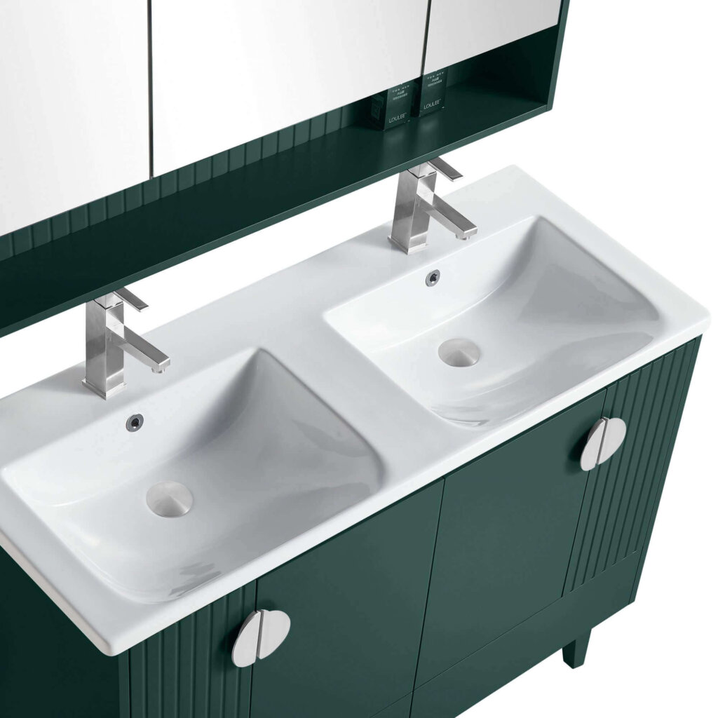 Two modern white rectangular sinks with silver faucets are set in a Venezian 48 inch Bathroom Vanity with dark green finish and round handles, positioned below a mirrored cabinet.