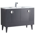 The Venezian 48 inch Bathroom Vanity offers a white countertop, integrated sink, chrome faucet, matte dark gray cabinet with two doors, round silver handles, vertical grooves, and stands on four angled legs.