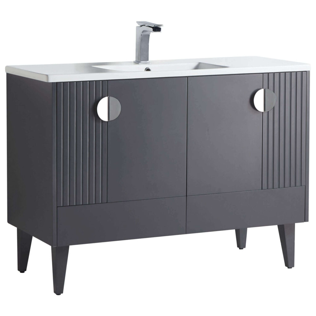 The Venezian 48 inch Bathroom Vanity offers a white countertop, integrated sink, chrome faucet, matte dark gray cabinet with two doors, round silver handles, vertical grooves, and stands on four angled legs.