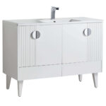 The Venezian 48 inch Bathroom Vanity features a modern white finish, two vertically grooved doors with round silver handles, a rectangular sink, chrome faucet, and four tapered legs, offering a sleek, minimalist design.