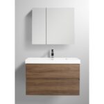 The Assisi 30 inch Wall Mounted Bathroom Vanity With Sink features a sleek wooden cabinet with two drawers, a white countertop with integrated sink and single faucet, and a mirrored cabinet mounted on the plain white wall.