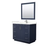 Icon 42 Inch Single Bathroom Vanity in Dark Blue, Giotto Quartz Countertop, Undermount Square Sink (1-Hole), Brushed Nickel Trim, 34 Inch Mirror