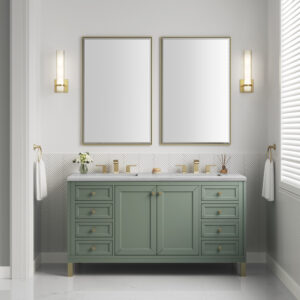 A modern bathroom features a chic Chicago 60 inch Double Bathroom Vanity Cabinet in green with gold fixtures. Two large rectangular mirrors hang above, and natural light filters through horizontal blinds on the window, creating an inviting and airy ambiance.