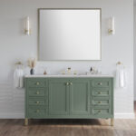 A modern bathroom features a spacious rectangular mirror above a stylish Chicago 60 inch Single Bathroom Vanity Cabinet with brass fixtures and dual sinks. White hexagonal tiles cover half the wall. Two wall sconces flank the mirror, and a towel ring beside the vanity holds a towel.