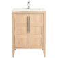 Introducing the Leafside 24 Inch Bathroom Vanity With Sink: a sleek, modern wooden design featuring a white countertop and integrated sink. Metal handles adorn the double cabinet doors below, while a chrome faucet enhances its contemporary appeal.