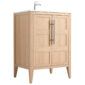 The Leafside 24 Inch Bathroom Vanity With Sink features an oak-colored finish, white countertop, sleek modern faucet, two paneled doors with vertical metal handles, and stands on four tapered legs, creating a simple yet elegant design.