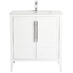The Leafside 30 Inch Bathroom Vanity includes two paneled doors with vertical silver handles, a flat countertop with an integrated sink, and a modern single-handle faucet, offering a chic touch to any bathroom.