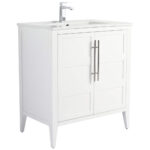 Meet the Leafside 30 Inch Bathroom Vanity With Sink—a modern white beauty featuring a large basin, sleek square faucet, and dual cabinet doors with vertical handles. Its minimalist elegance is enhanced by four angular legs.