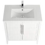 A top-down view of the Leafside 30 Inch Bathroom Vanity With Sink reveals a rectangular basin paired with a chrome faucet. Below, the cabinet sports double doors and vertical metal handles, embodying a simple, modern style.