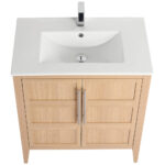 The Leafside 30 Inch Bathroom Vanity With Sink showcases its elegant design with a top view of a white ceramic sink, silver faucet, two paneled doors with vertical silver handles, and a centered faucet above the circular drain.