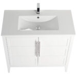 A top view of the Leafside 36 Inch Bathroom Vanity With Sink reveals its sleek rectangular sink and modern faucet. This vanity, featuring two cabinet doors with metallic handles, stands on four legs and showcases a minimalist design.