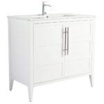 The Leafside 36 Inch Bathroom Vanity With Sink features a minimalist design, boasting a white finish and rectangular sink. It includes a single-lever faucet, two cabinet doors with vertical metal handles, and is supported by four tapered legs.