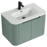 The Caskvalley 30 Wall Mounted Bathroom Vanity boasts a modern design, with a smooth white basin, muted green vertical paneling, and a sleek black faucet above the refined sink for added sophistication.