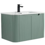 The Caskvalley 30 Inch Wall Mounted Bathroom Vanity With Sink features a ribbed green cabinet, white countertop with integrated sink, and a modern black faucet in a sleek, handle-free design for an elegant bathroom upgrade.