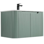 The Caskvalley 30 Inch Wall Mounted Vanity features a modern ribbed texture, dual cabinet doors, a white countertop, and a sleek black faucet, embodying minimalist contemporary elegance.