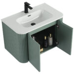The Caskvalley 30 Inch Wall Mounted Bathroom Vanity With Sink boasts a green finish, white sink, and elegant black faucet. Ribbed cabinet doors hide toiletries inside, while the sink is enhanced by a matching black drain and overflow hole.