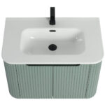 The Caskvalley 30 Inch Wall Mounted Bathroom Vanity With Sink features a modern white ceramic basin, black faucet, and green ribbed-texture cabinet. It includes an overflow hole, centered drain, and two-door storage for a chic bathroom setup.