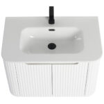 The Caskvalley 30 Inch Wall Mounted Bathroom Vanity With Sink showcases a modern white basin and sleek black faucet. Its rectangular sink has rounded edges and rests on a cabinet highlighted by vertical fluted detailing.