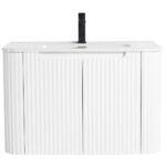 The Caskvalley 30 Inch Wall Mounted Bathroom Vanity With Sink offers a sleek design with two vertical paneled cabinet doors, a smooth countertop, and a built-in sink. This white vanity is accented by a striking black faucet.