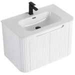 The Caskvalley 30 Wall Mounted Bathroom Vanity features a modern white rectangular design with ribbed textures, a sleek black faucet, and integrated overflow. Its concealed drain adds to the minimalist contemporary style.