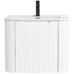 The Caskvalley 24 Inch Wall Mounted Bathroom Vanity With Sink boasts a minimalist design with a white ribbed texture. It includes a rectangular basin, integrated black faucet, and two storage doors below for a modern, sleek bathroom look.