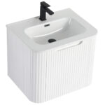 The Caskvalley 24 Inch Wall Mounted Bathroom Vanity With Sink boasts a white rectangular basin with a grooved front, integrated black faucet, built-in overflow, and flat countertop, ideal for modern spaces.