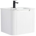 The Caskvalley 24 Wall Mounted Bathroom Vanity With Sink features a sleek modern design, vertical grooves, and a curved rectangular shape. Accented with a black single-handle faucet and integrated front handle, it blends style and functionality for any contemporary bathroom.